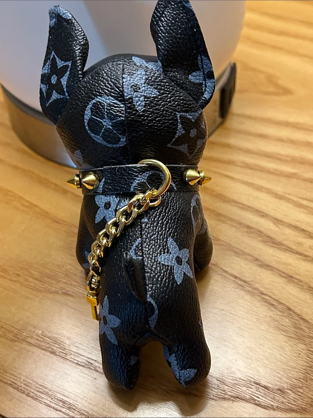 Designer-Style Black and Gray Dog Keychain with Gold Chain